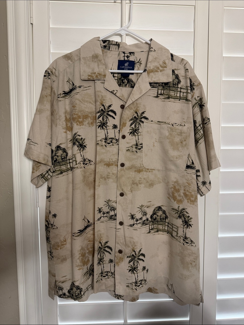 Caribbean Joe Men’s Beige Tropical Button Down Shirt